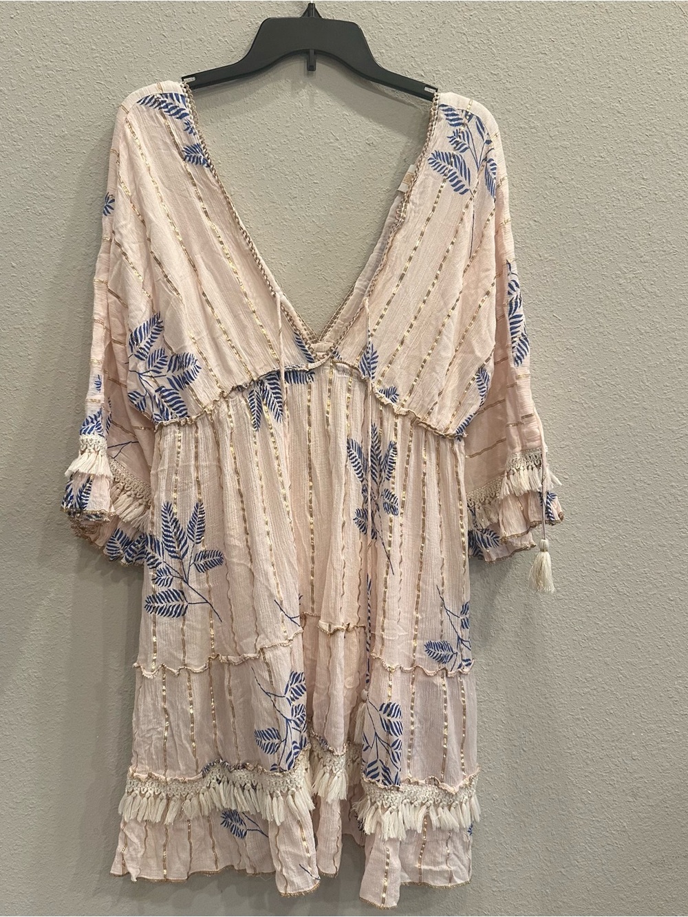 Ananta Boho Midi Dress Tassel Trim Metallic Stripe L XL